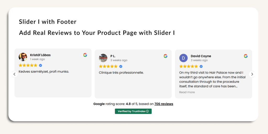 Slider I customer review slider with real reviews, ratings, and footer summary
