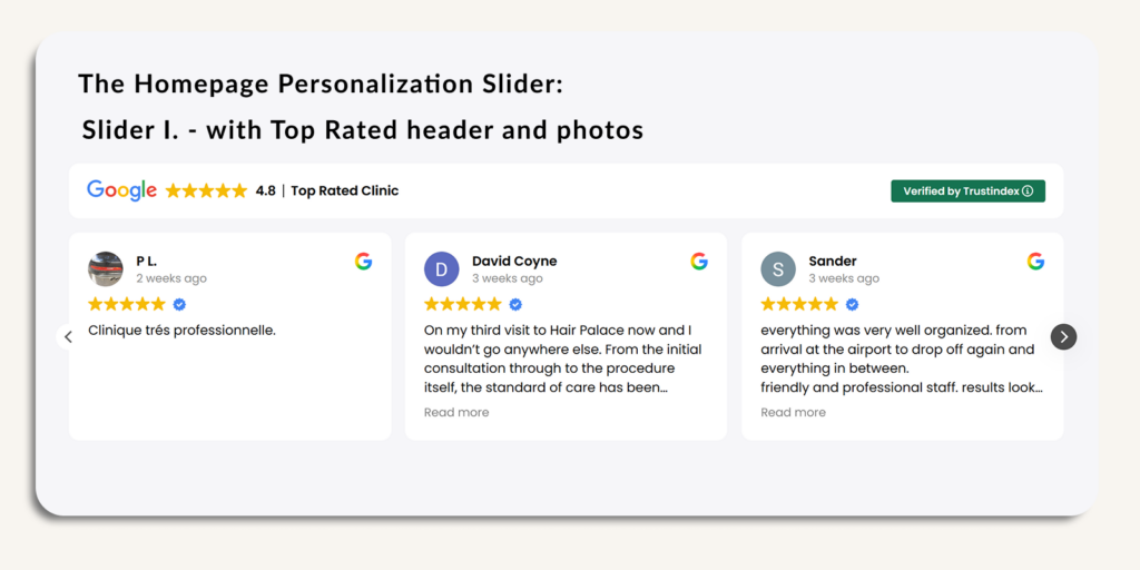 Homepage review slider example showing Google reviews, star rating, review cards and a Verified by Trustindex badge.