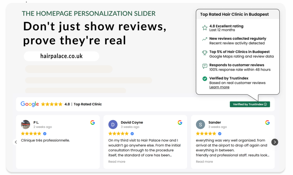 Homepage review slider showing Google reviews, star rating, verified trust signals and customer review cards.