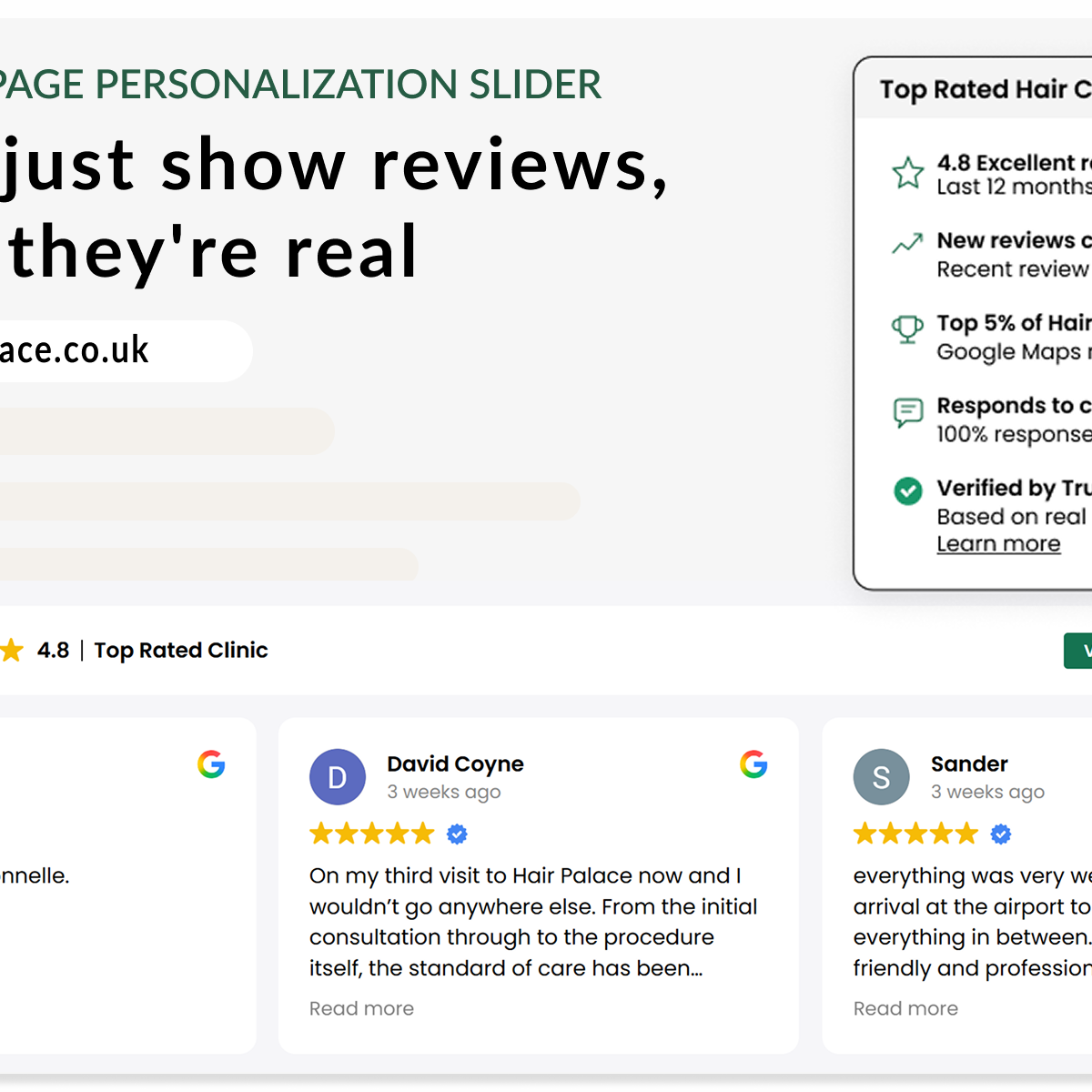 Homepage review slider showing Google reviews, star rating, verified trust signals and customer review cards.