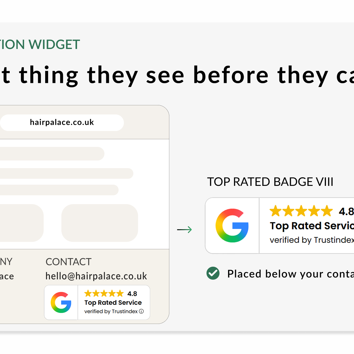 Example of Top Rated Badge VIII as a compact footer trust badge that appears near company and contact information.