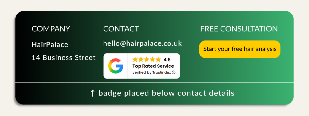 Footer trust badge placed below email and company contact details